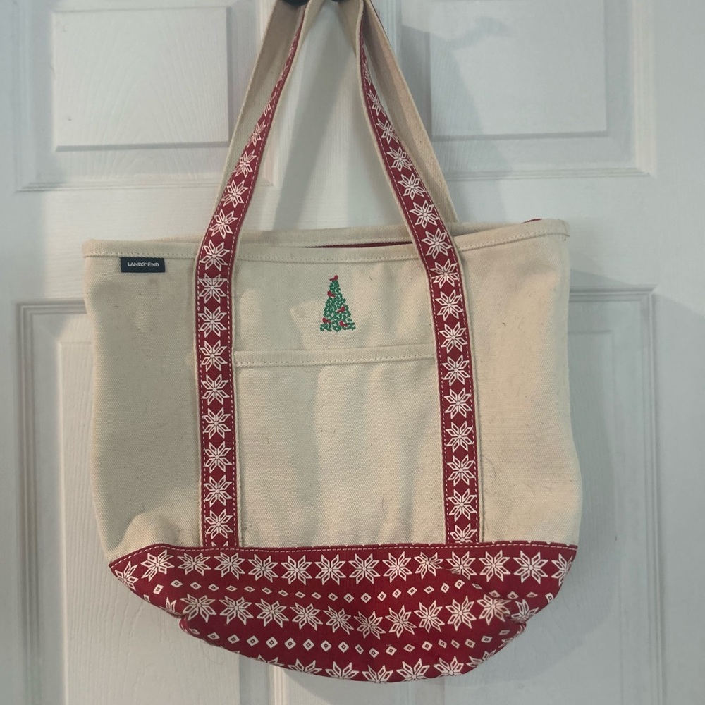 Lands' End Cream and Red Holiday Tote